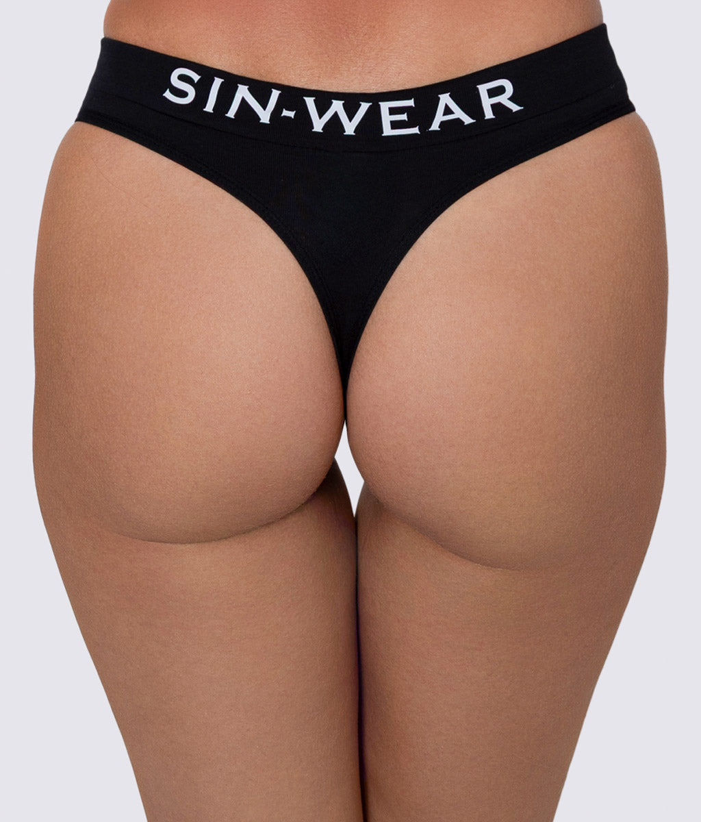 Black underwear with 'SIN-WEAR' branding on a plain background