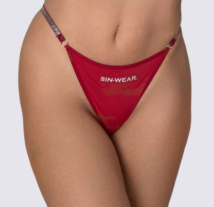 Dark Red bikini bottom with 'SIN-WEAR' branding on a plain background