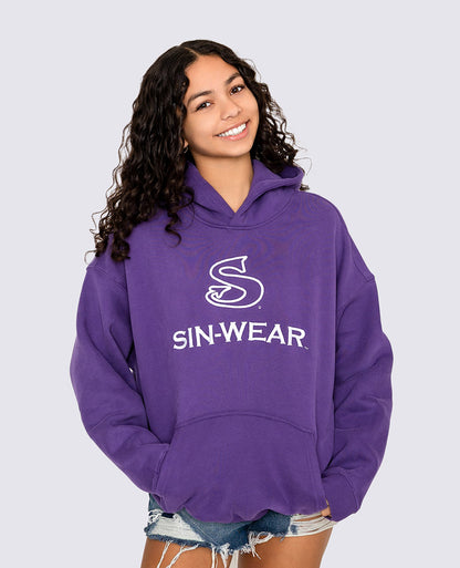 Person wearing a purple hoodie with 'SIN-WEAR' logo on a light gray background