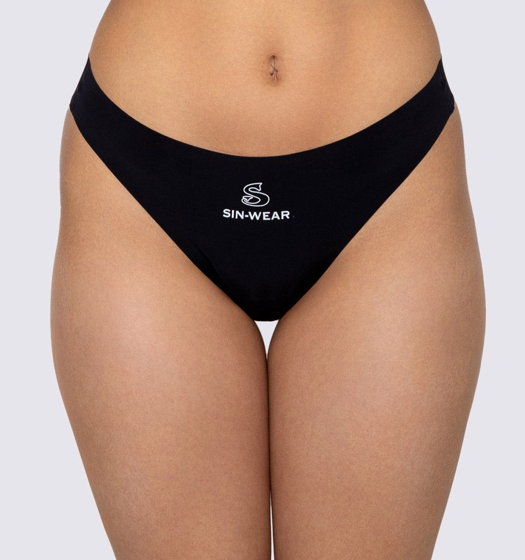Black underwear with 'SIN-WEAR' logo on a plain background