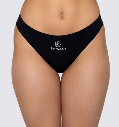 Black underwear with 'SIN-WEAR' logo on a plain background