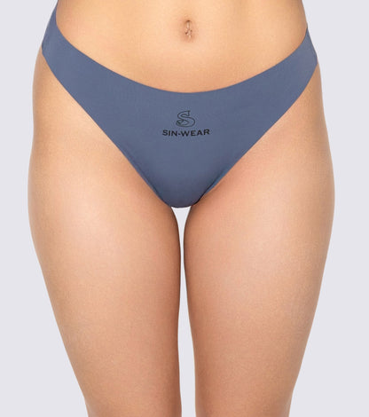 Blue bikini bottom with 'Sin-Wear' logo on a white background