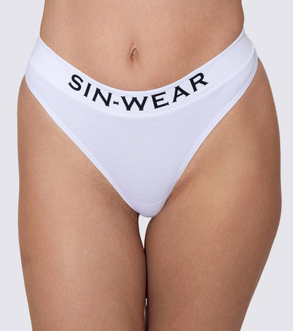 White underwear with 'SIN-WEAR' waistband on a plain background