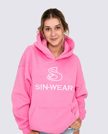 Person wearing a pink hoodie with 'SIN-WEAR' logo on a light gray background