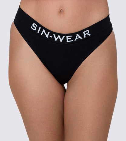 Black underwear with 'SIN-WEAR' waistband on a neutral background